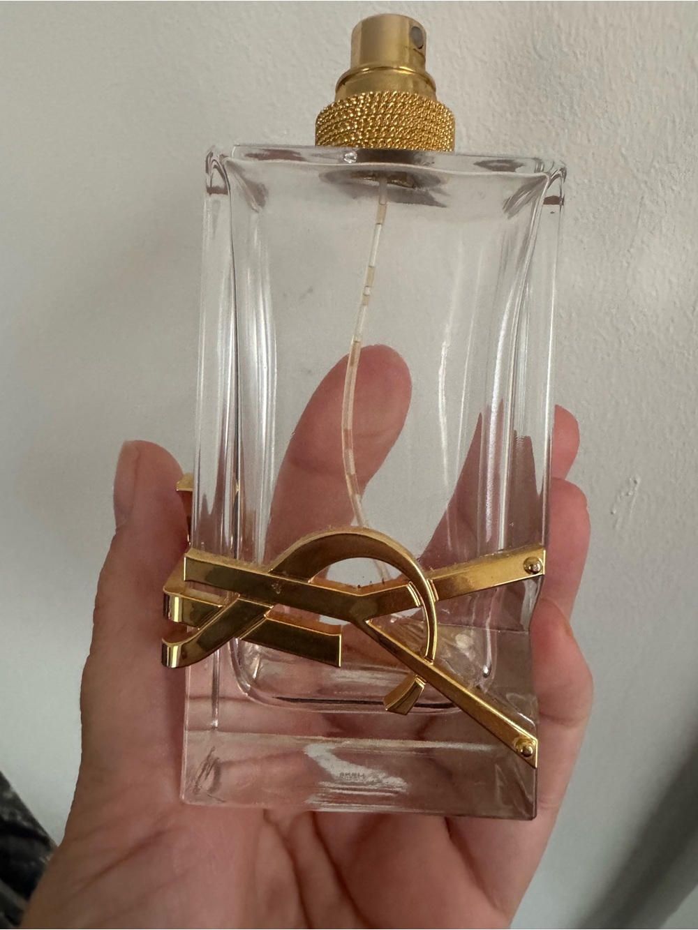 EMPTY (no cap) - Yves Saint Laurent Clear Glass Perfume Bottle with Gold Accent